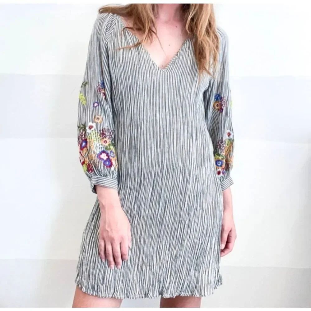Anthro feather & bone Lindsey embroidered puff slv striped linen blend dress XS